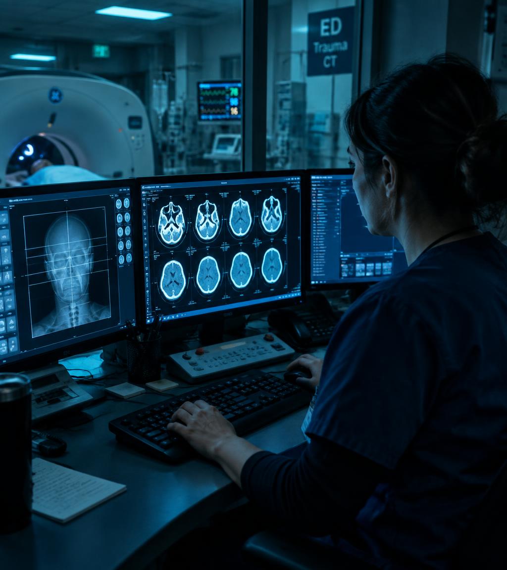 Técnica en la consola del tomógrafo revisando cortes de cerebro